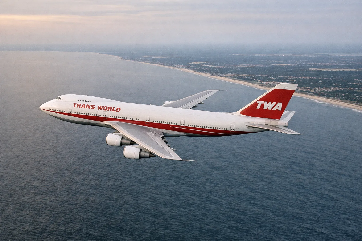 TWA Boeing 747 flying above the atlantic ocean
