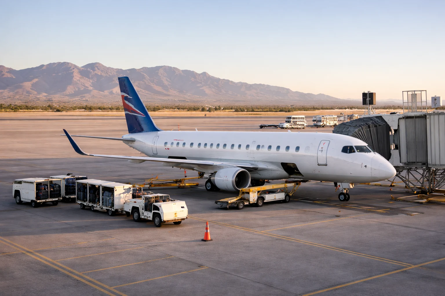 Regional passenger jet at an airport gate in early-morning daylight