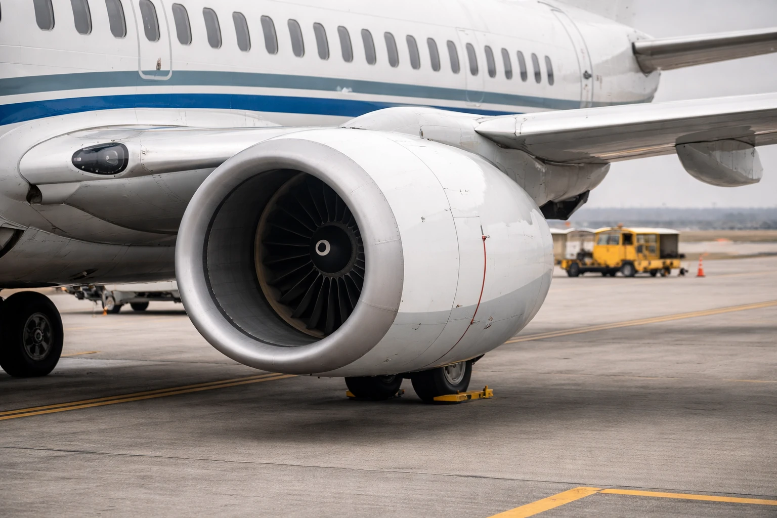 Close view of a commercial jet turbofan engine on the wing at an airport gate