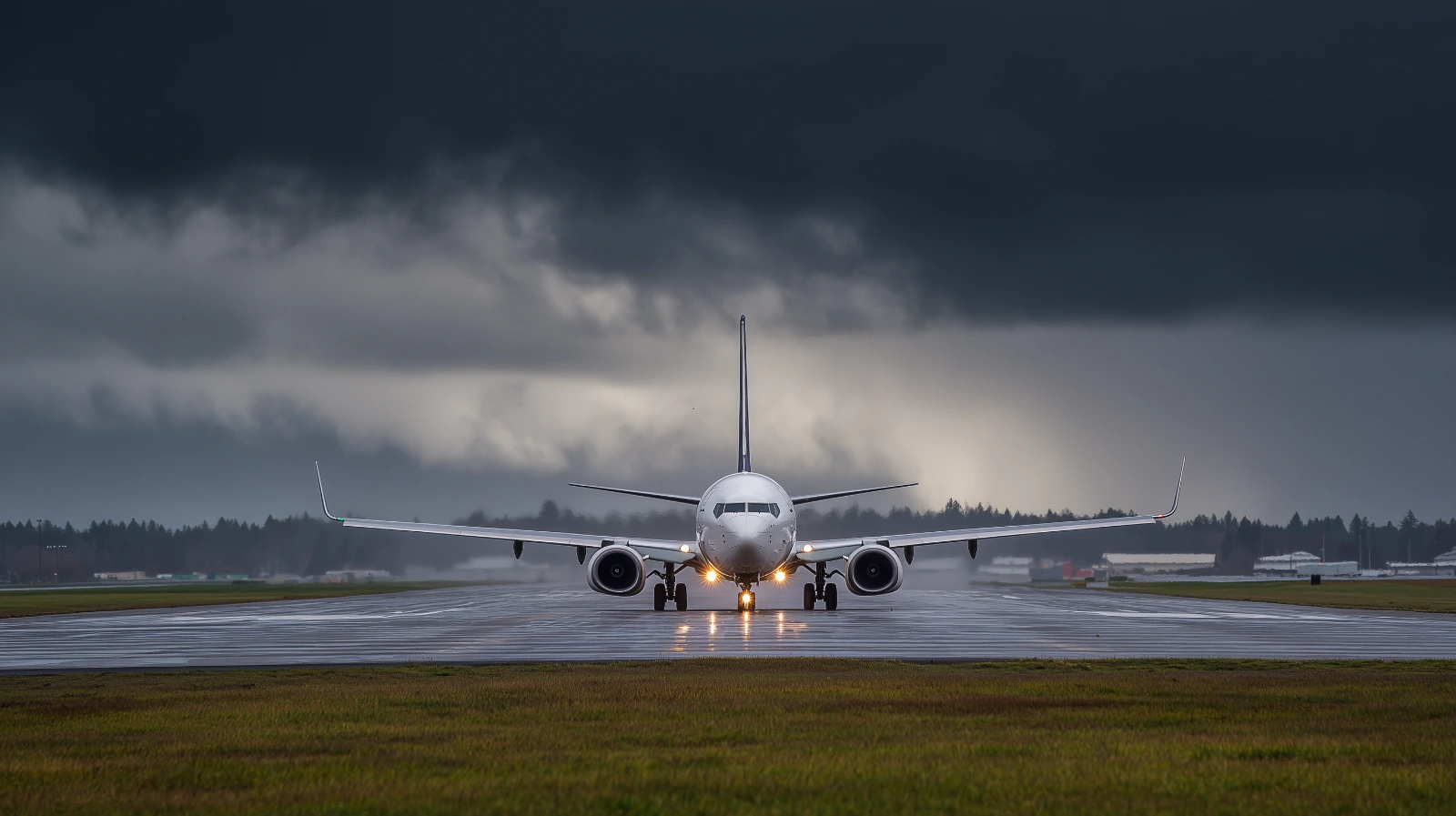 Boeing 737-800 on a runway environment at a military air station under overcast daylight