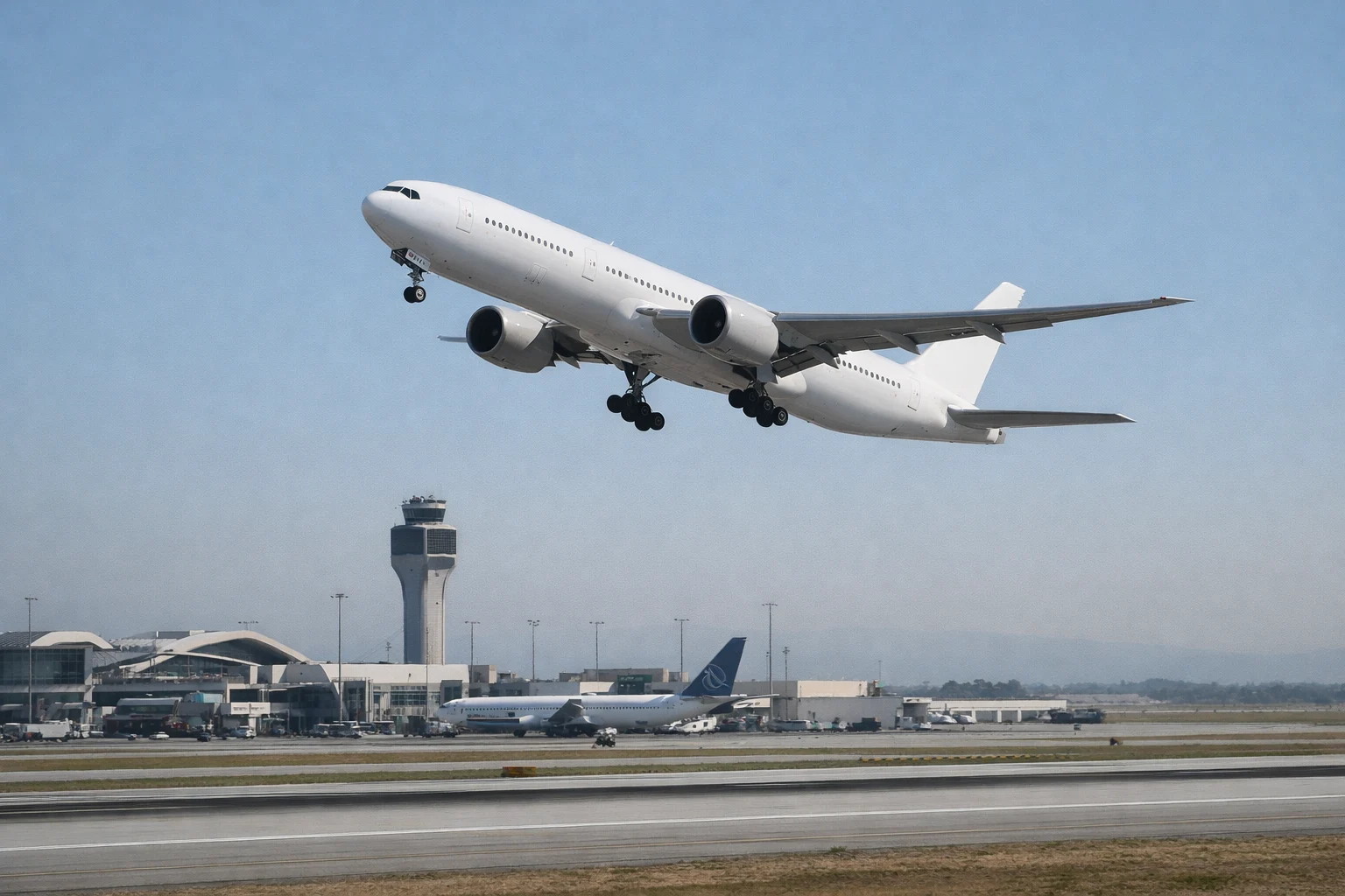 Boeing 777-200 commercial airliner departing from airport runway