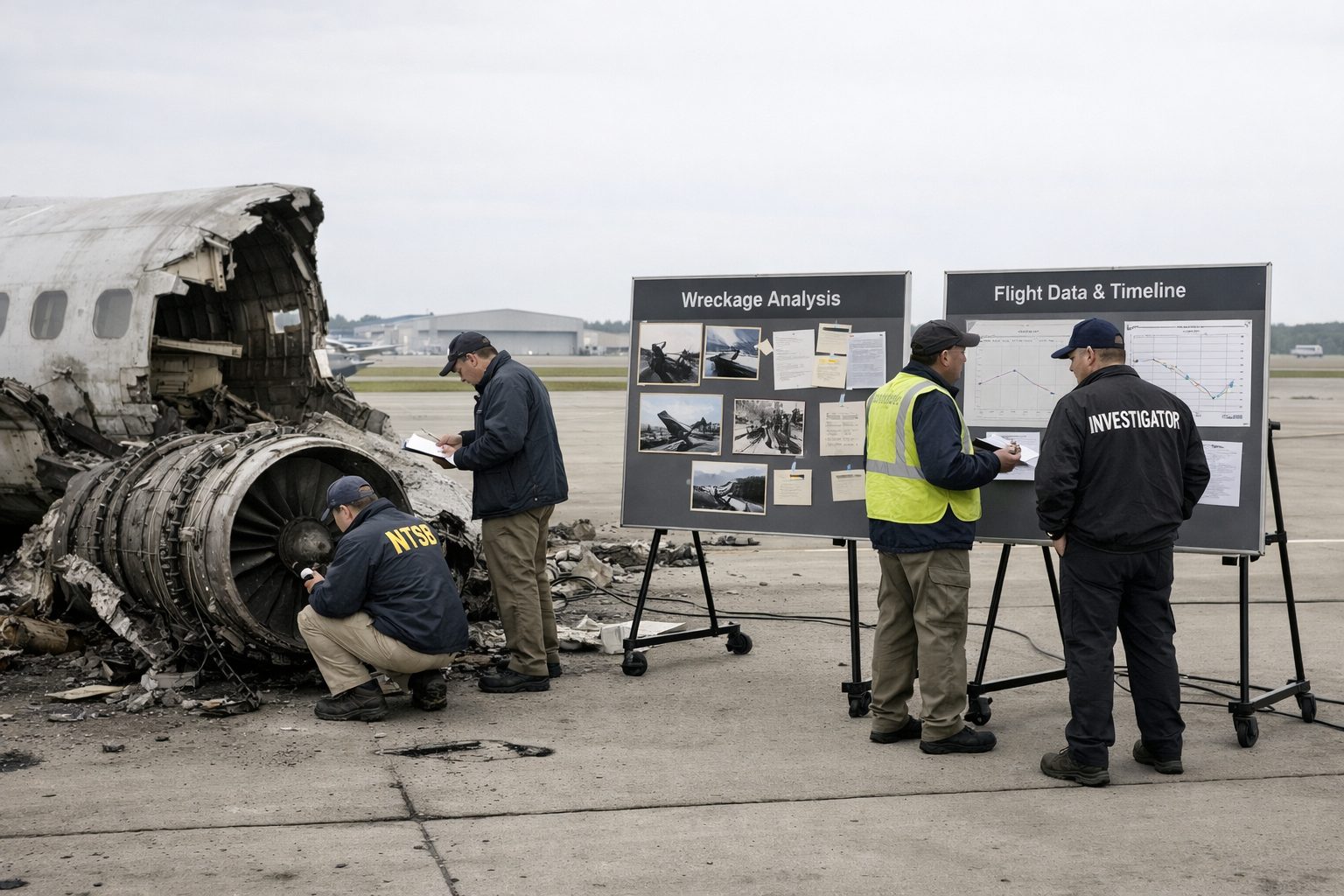 Aviation investigators reviewing aircraft components during accident investigation