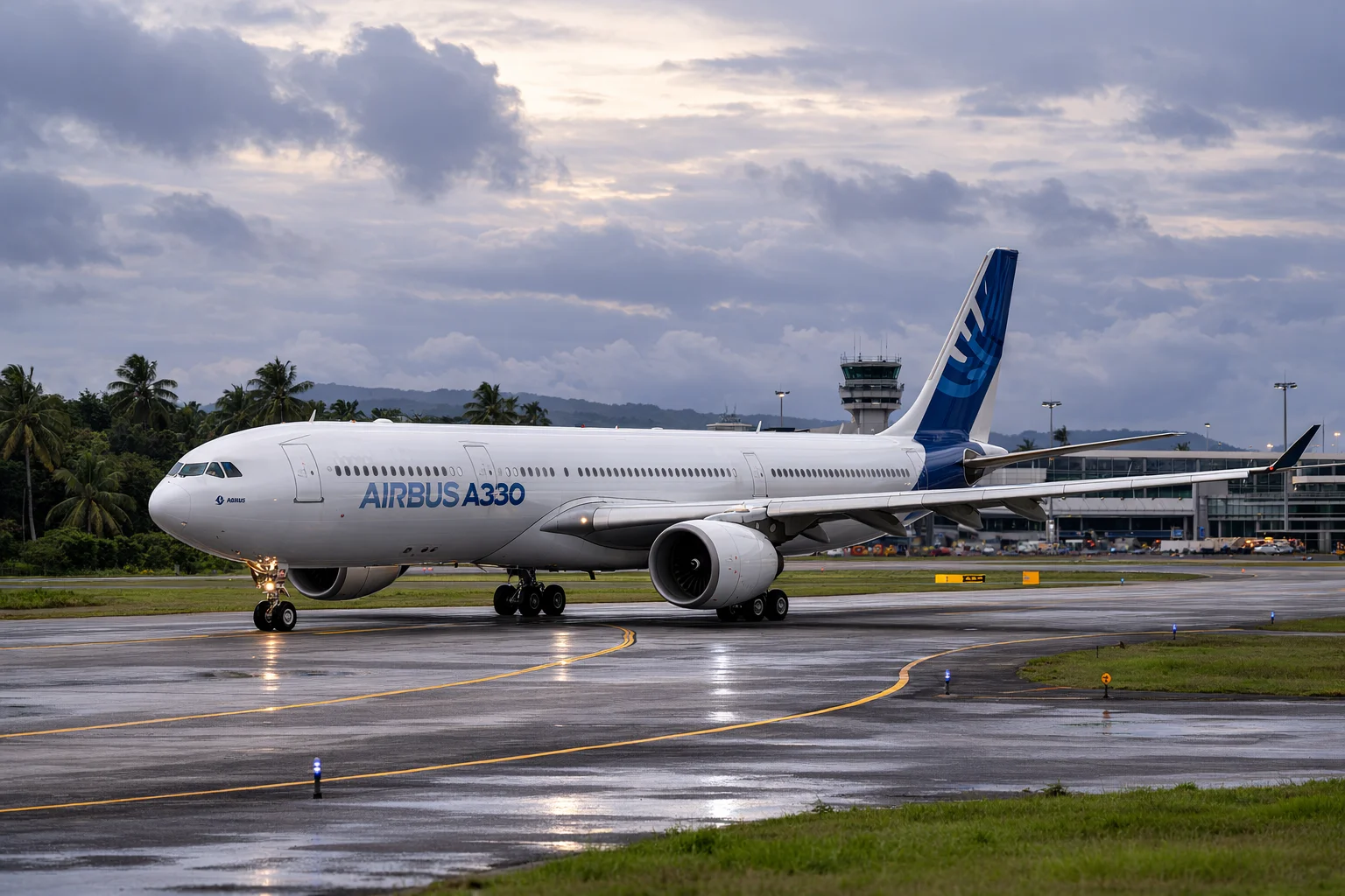 Airbus A330 airliner taxiing at a tropical international airport under overcast daylight after rain