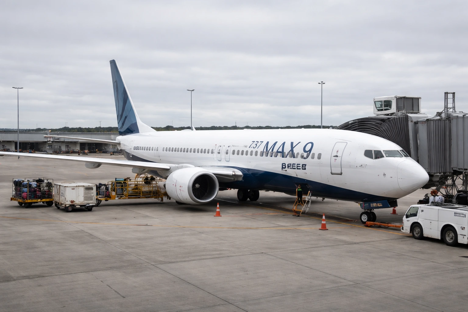 Boeing 737 MAX 9 at an airport gate representing Alaska Airlines Flight 1282 plug door investigation context