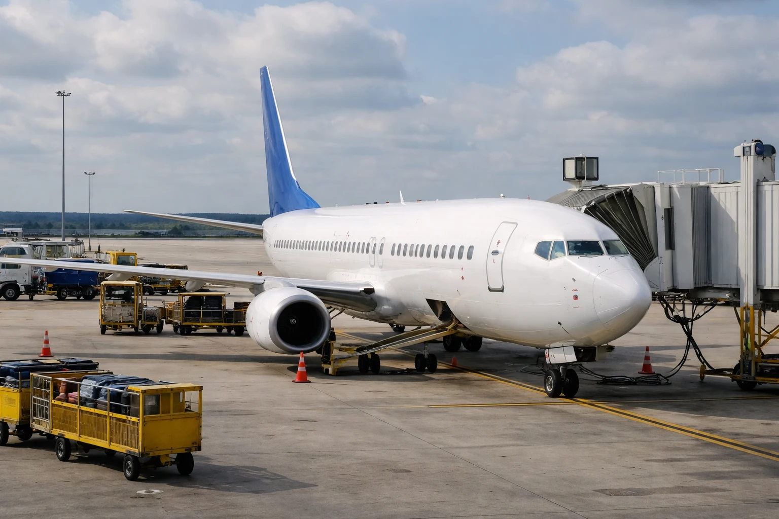 Boeing 737 aircraft parked at an airport gate in daylight