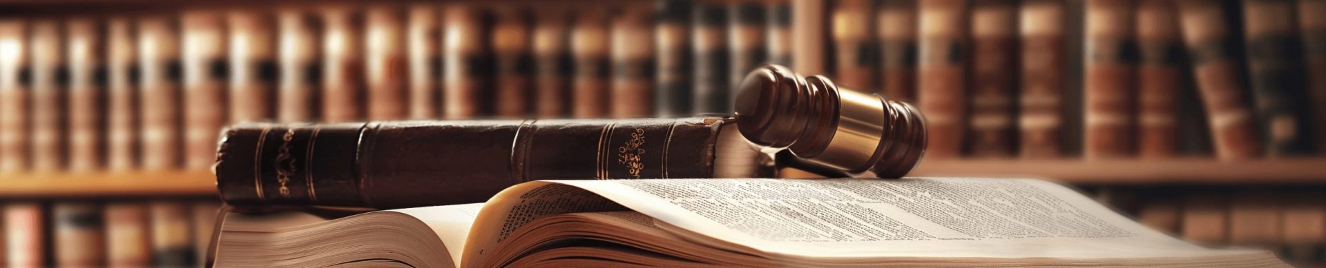 A gavel rests on an open law book, with a legal library in the background.