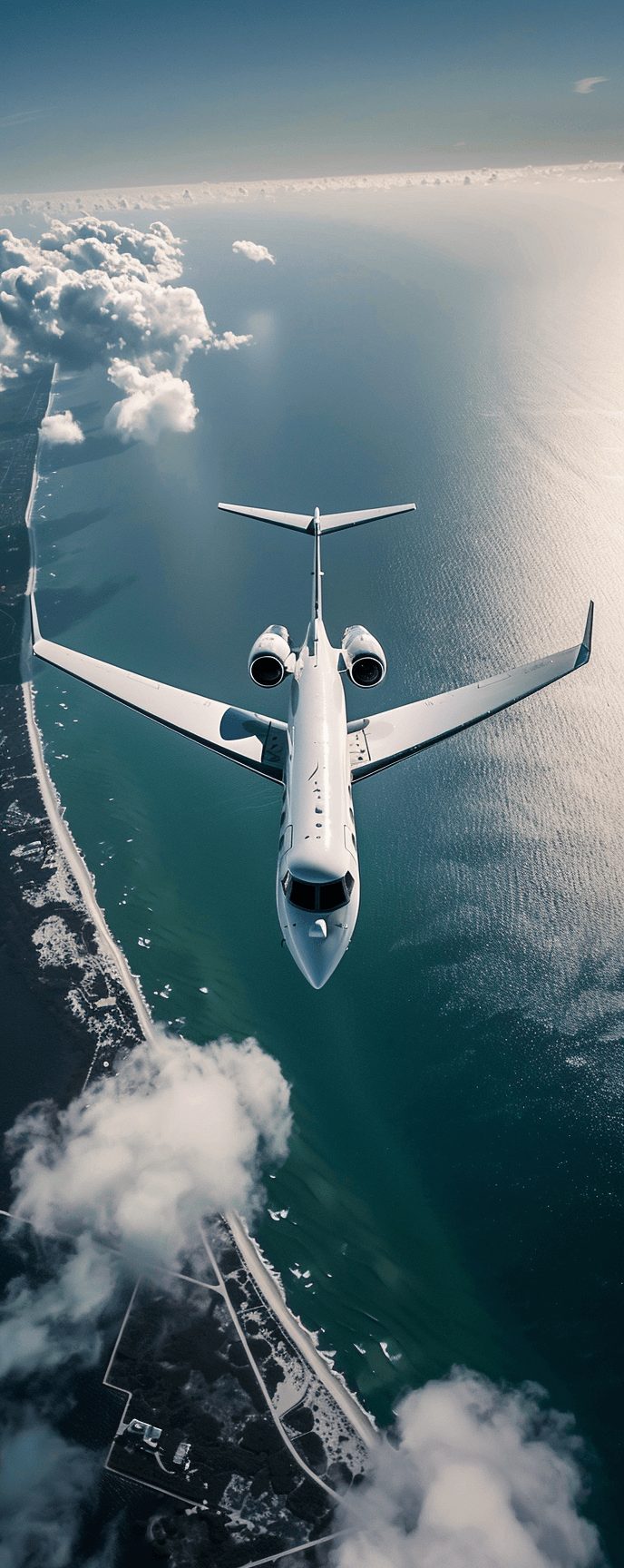Gulfstream G550 Corporate Jet in flight over water.