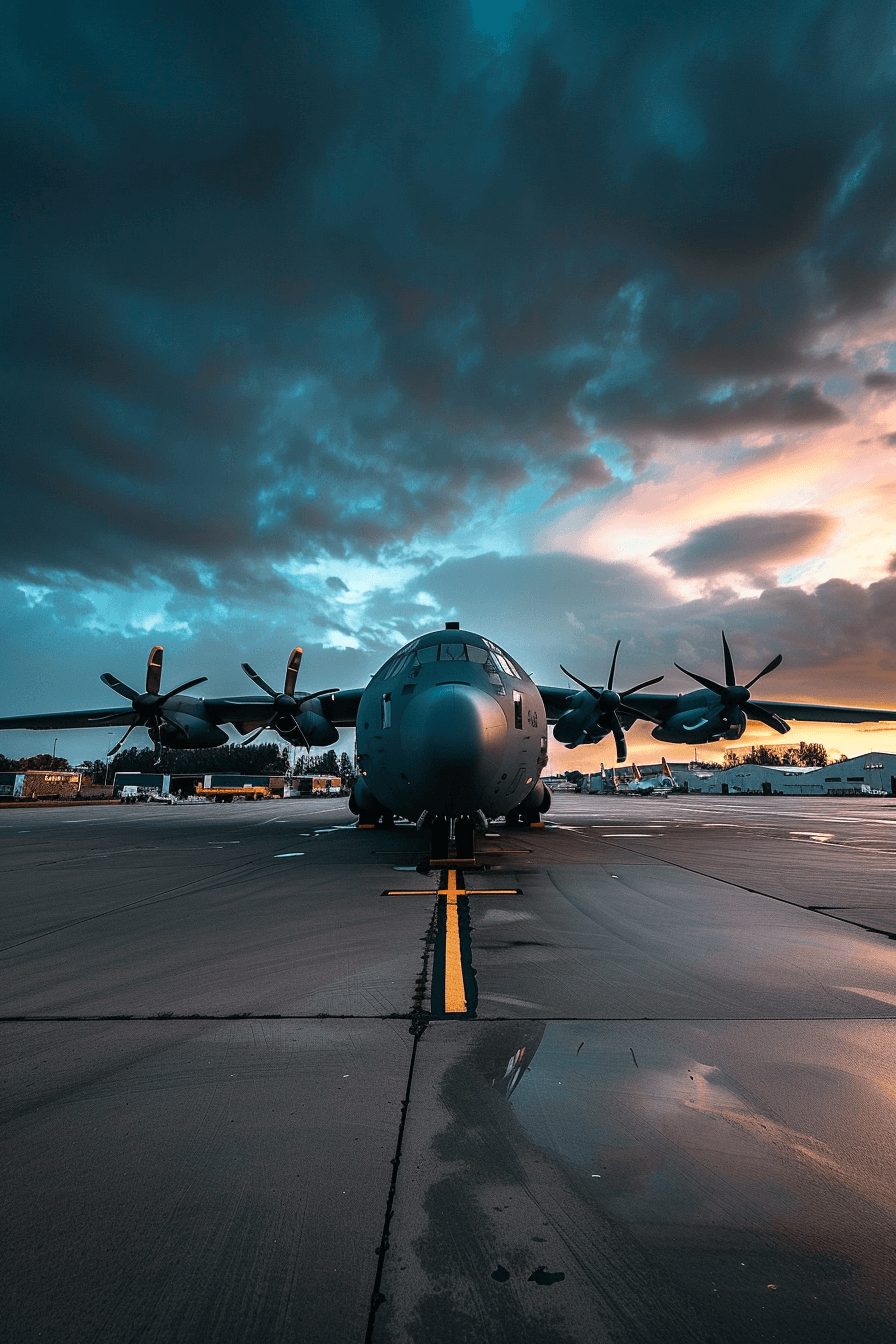 A military transport plane prepared for takeoff. A military transport plane prepared for takeoff.