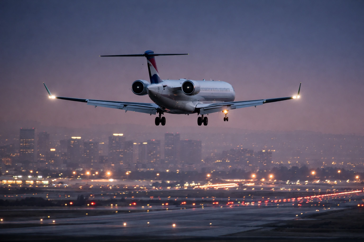 CRJ700-style regional jet on approach near a major U.S. airport in a night-to-dawn setting
