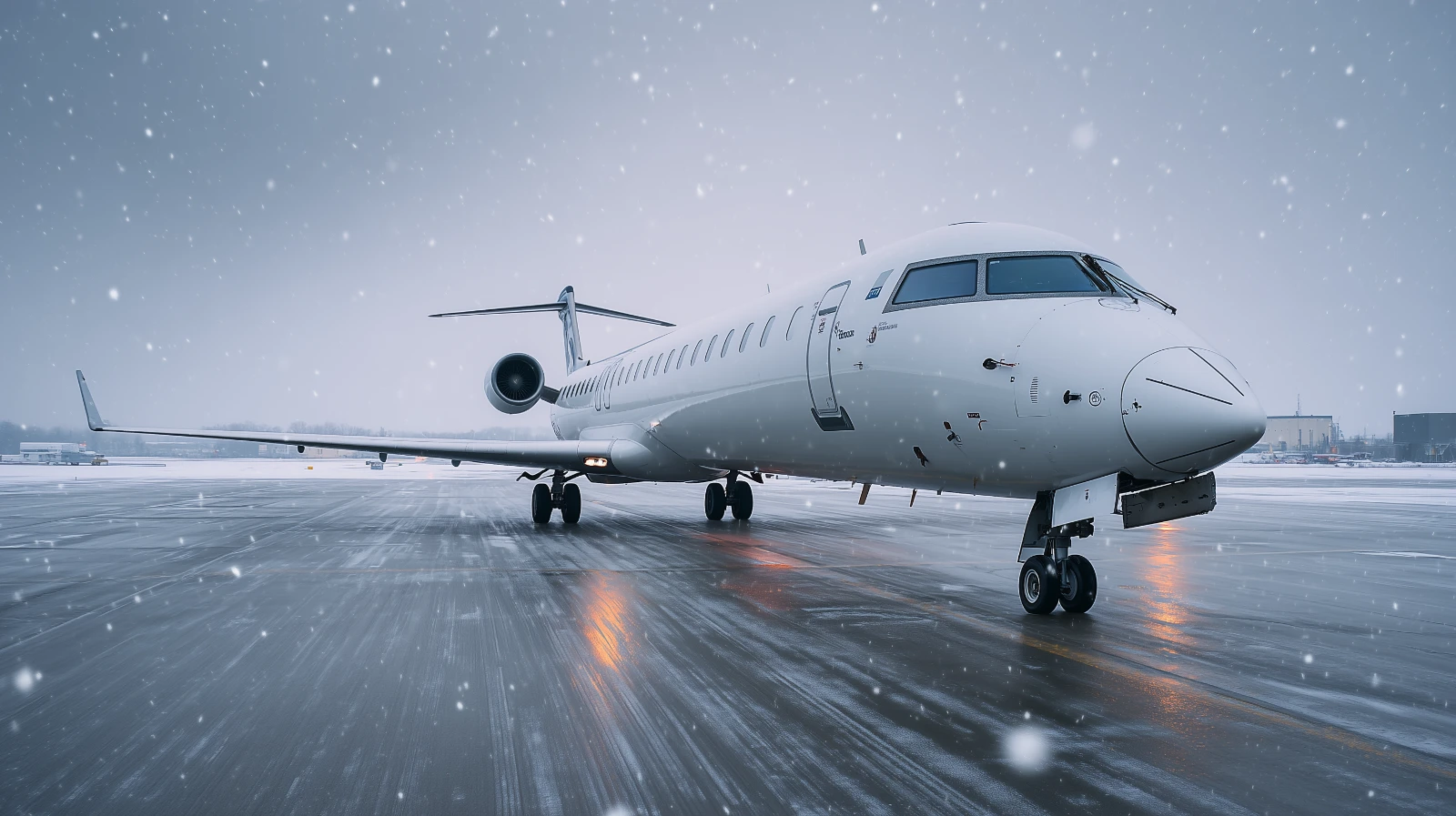 CRJ-900 style regional jet on runway in winter conditions under overcast sky