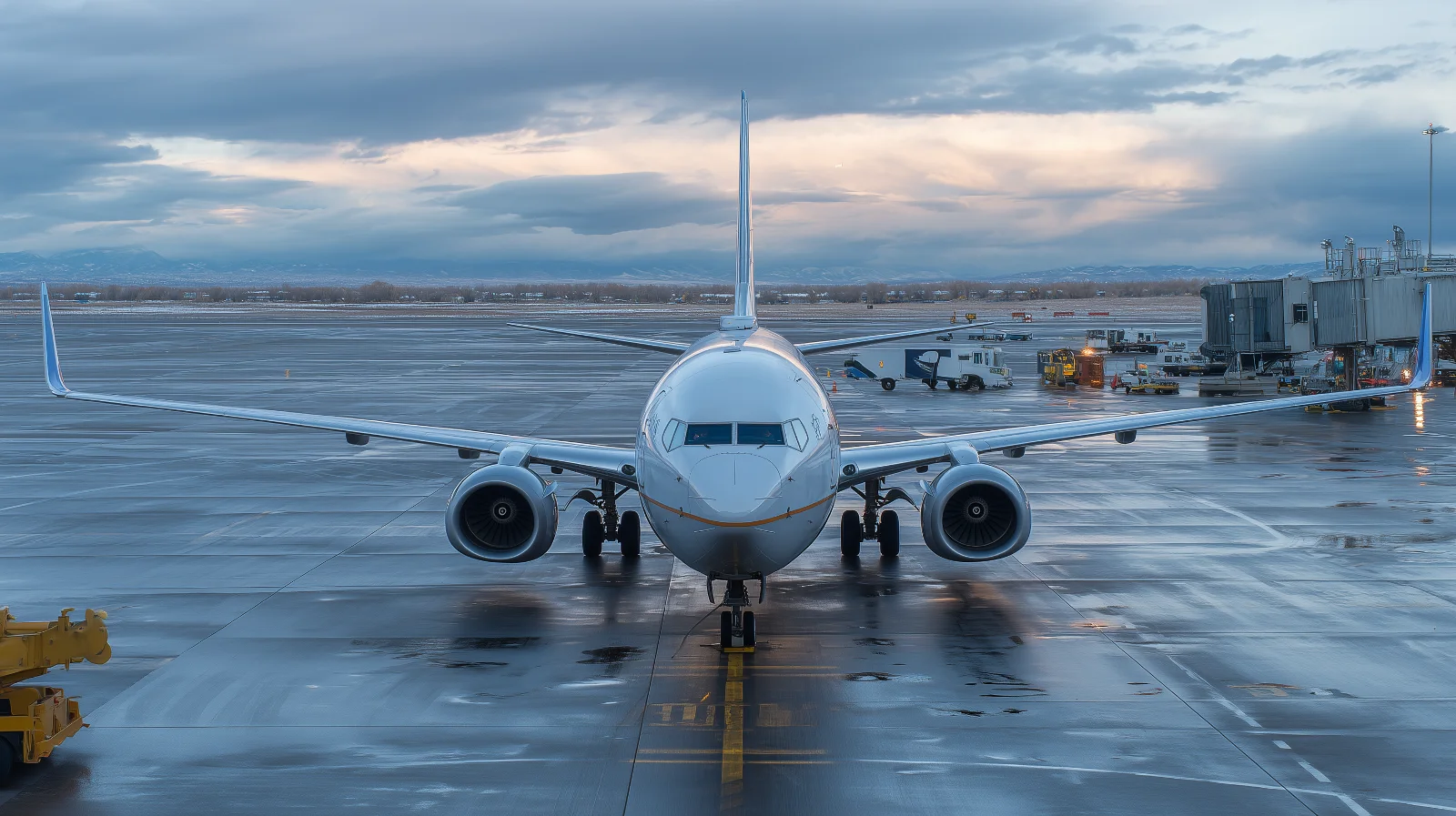 Boeing 737-800 at an airport gate in overcast daylight