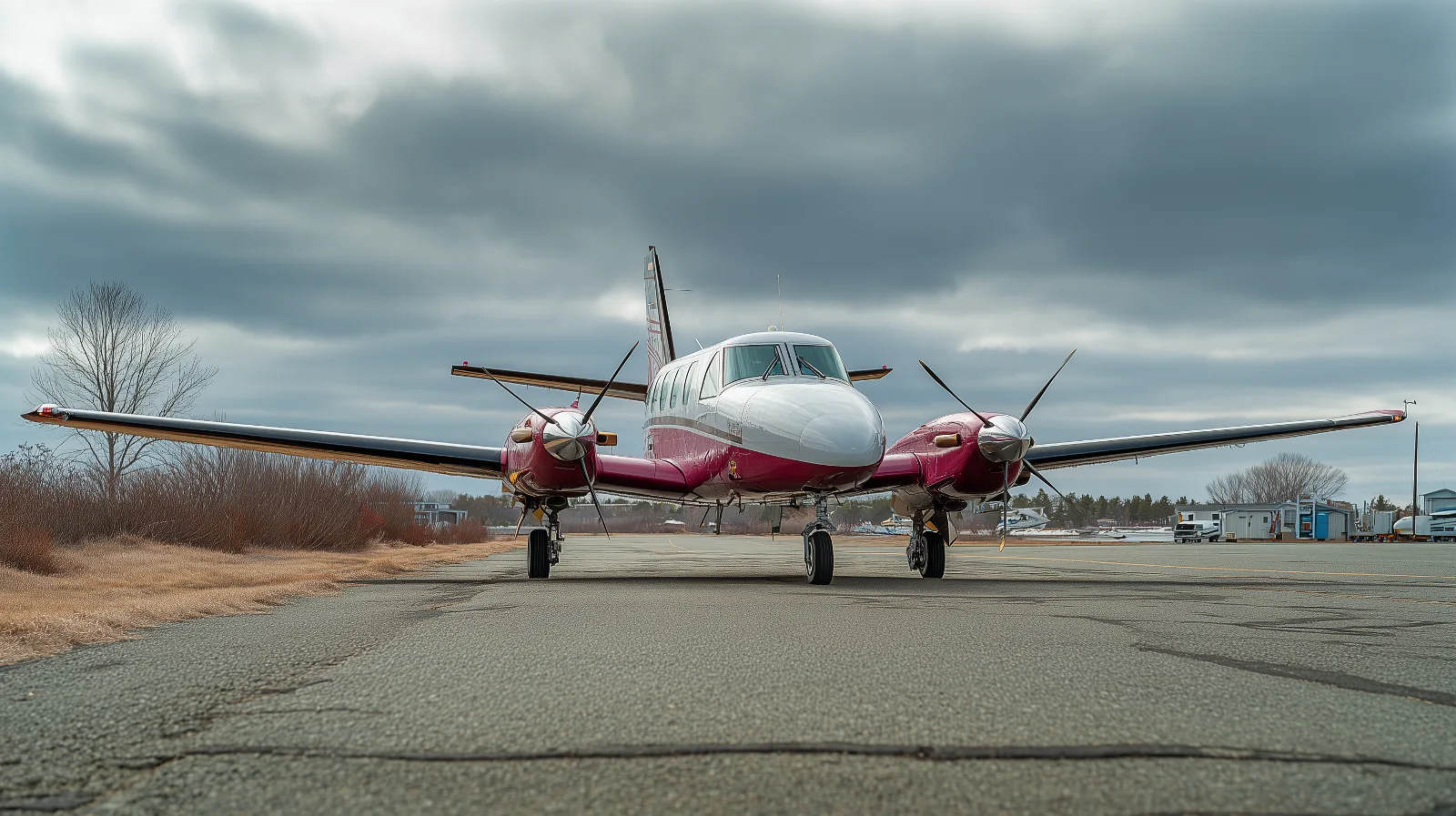 Mitsubishi MU-2 Twin-Engine Turboprop on Regional Airport Ramp Mitsubishi MU-2 style twin-engine turboprop aircraft on a small regional airport ramp in overcast daylight