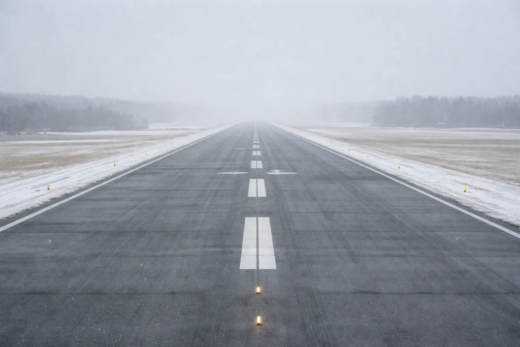 A winter runway with edge lights and markings visible through light haze