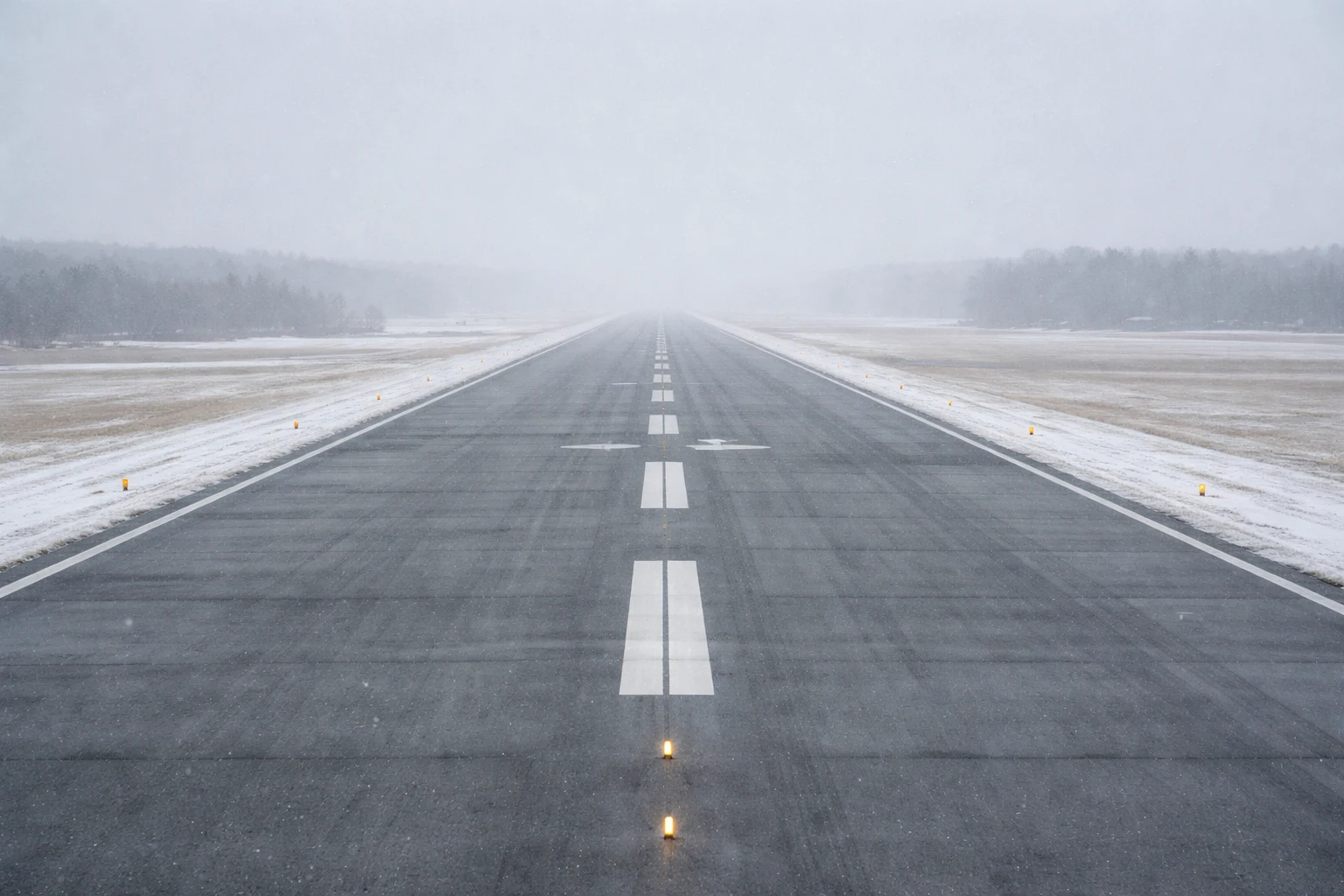 Bangor runway environment during winter operations A winter runway with edge lights and markings visible through light haze