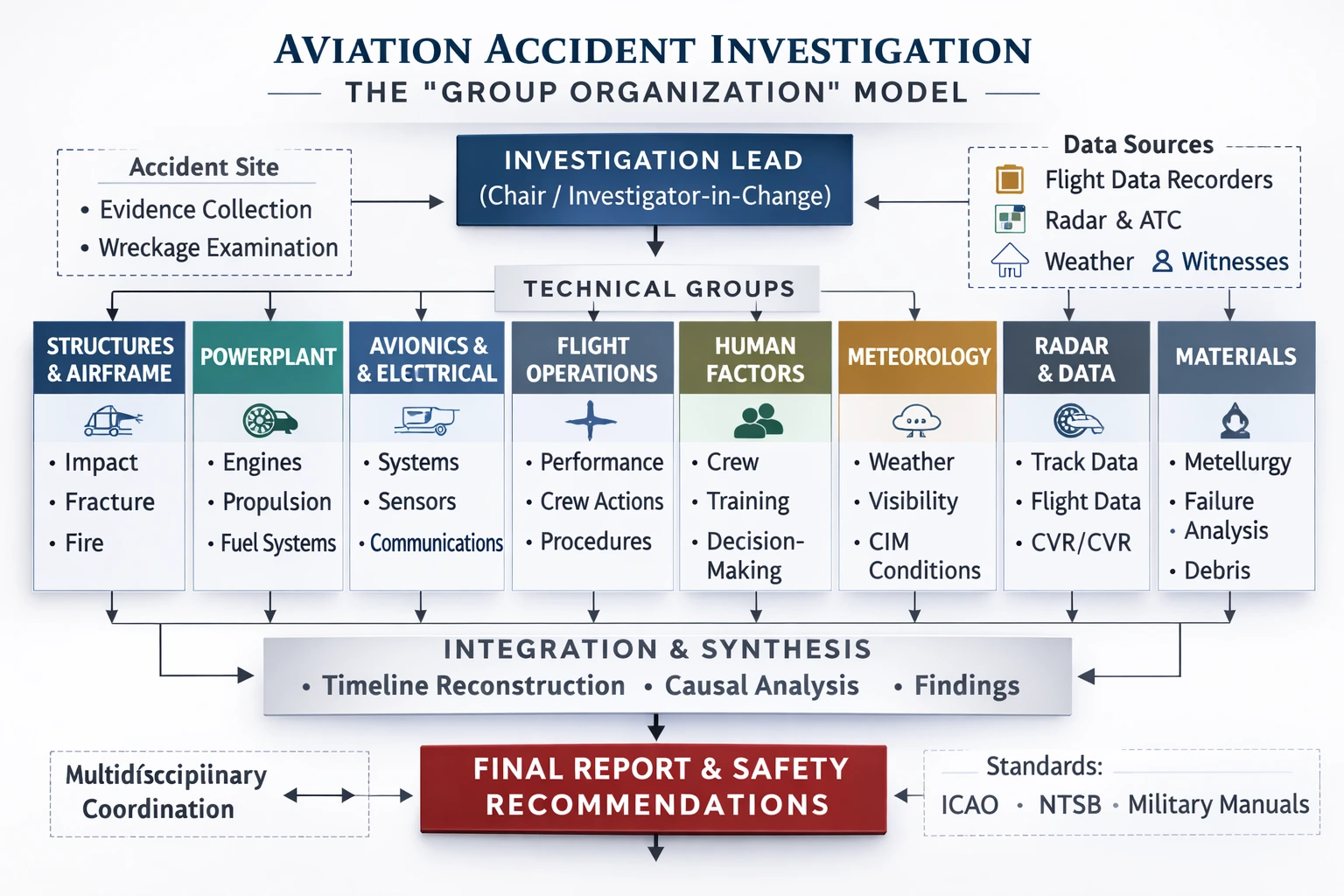 Diagram illustrating the structured “group organization” model used in aviation accident investigation, showing investigative groups and integrated reconstruction.