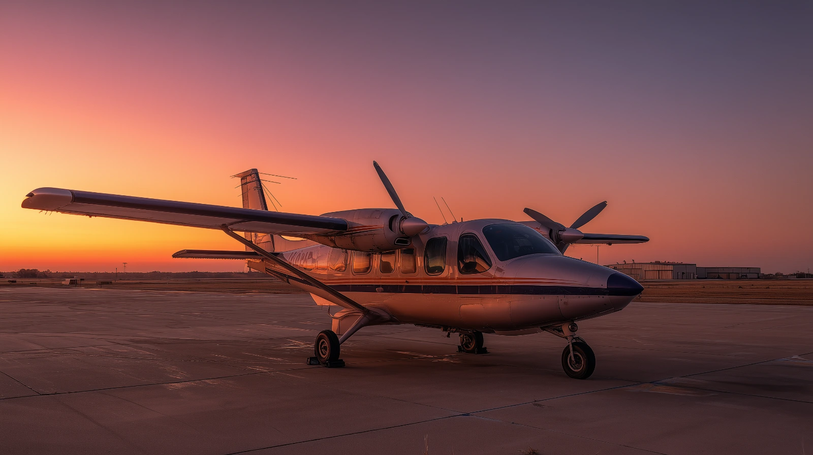 Twin-engine piston aircraft on a general aviation ramp at a regional airport in pre-dawn light
