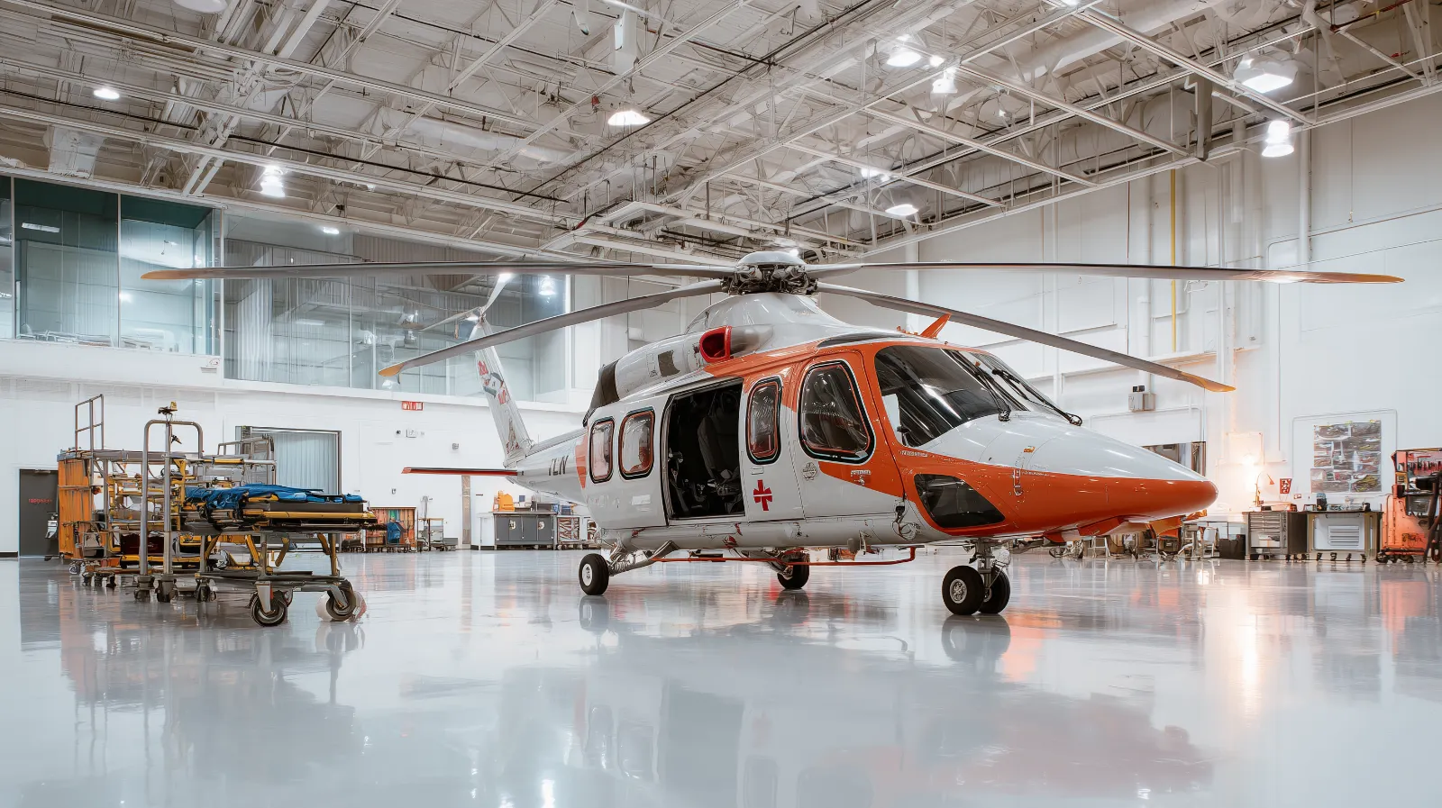 Air Ambulance Aviation Operations Air ambulance helicopter and medical transport equipment in hangar environment