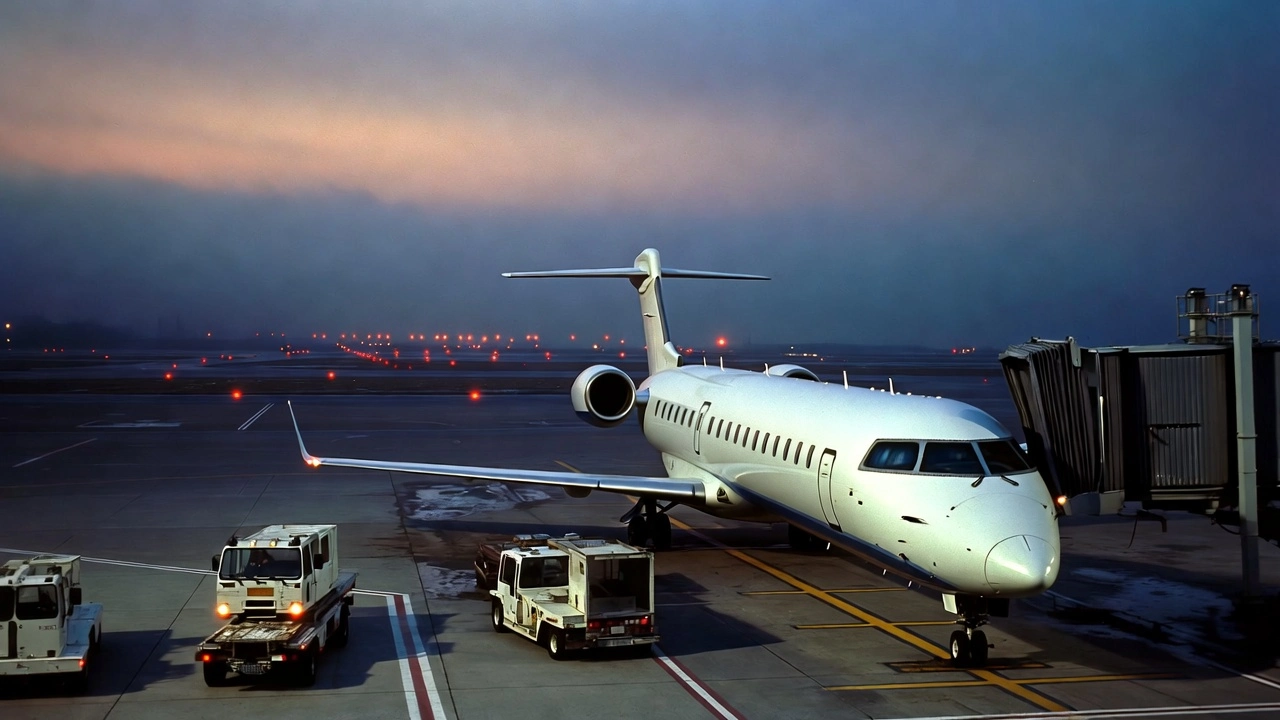 Mitsubishi CRJ900 regional jet at an airport gate in night-to-dawn lighting