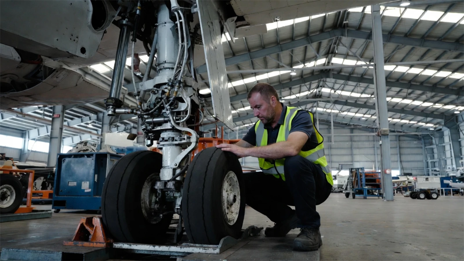 Aircraft maintenance records and tagged components arranged for technical review