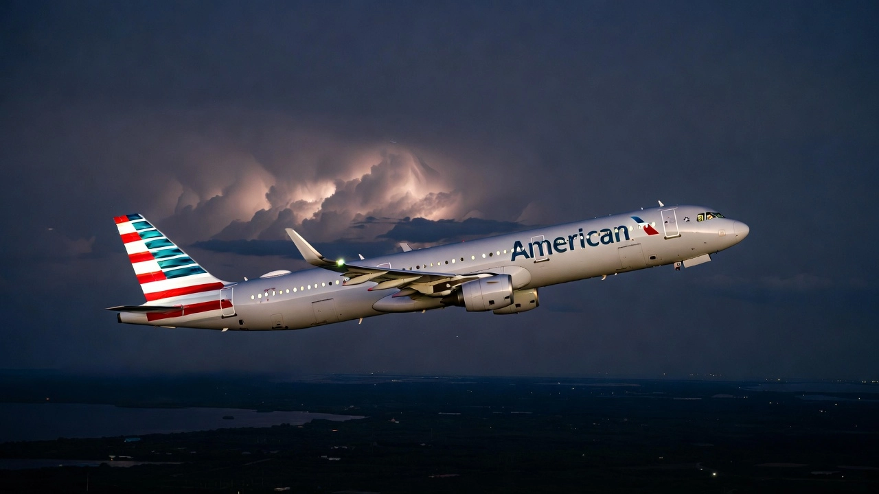 American Airlines Airbus A321 climbing after departure near Miami at night