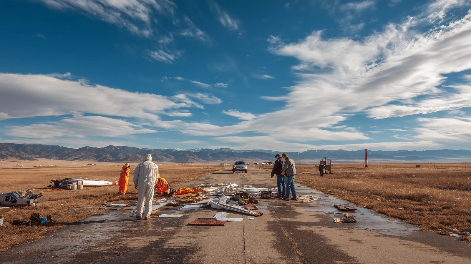 Aviation accident investigators examining aircraft wreckage during technical investigation