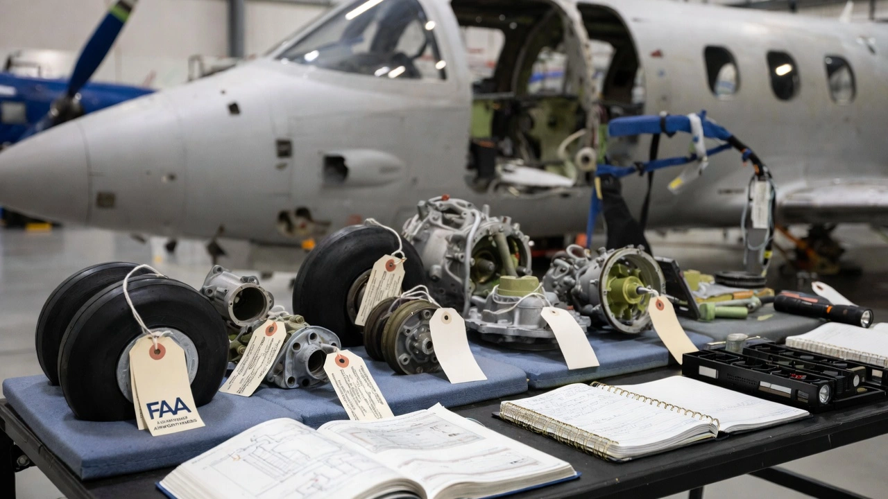 Aviation crash investigation materials including labeled aircraft components, maintenance records, and technical manuals prepared for legal analysis