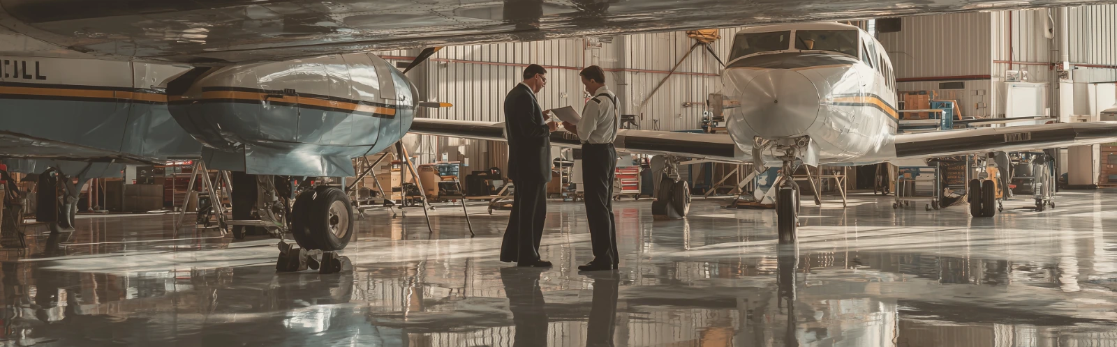 Aviation investigators reviewing aircraft documentation and technical diagrams inside an airport hangar
