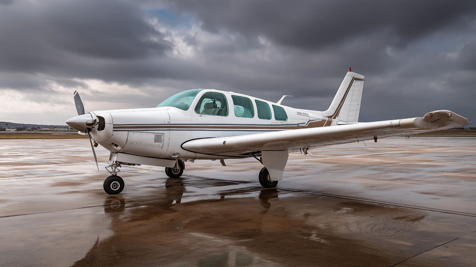 Beechcraft Bonanza A36 single-engine aircraft parked on an airport ramp in overcast daylight