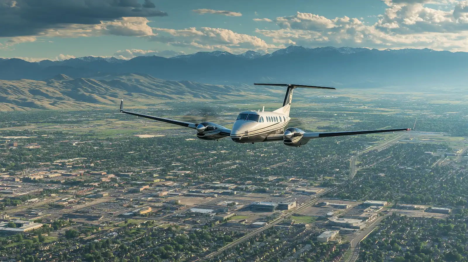 A Beech King Air 350 twin-engine turboprop climbing after takeoff in daylight. A Beech King Air 350 twin-engine turboprop climbing after takeoff in daylight.