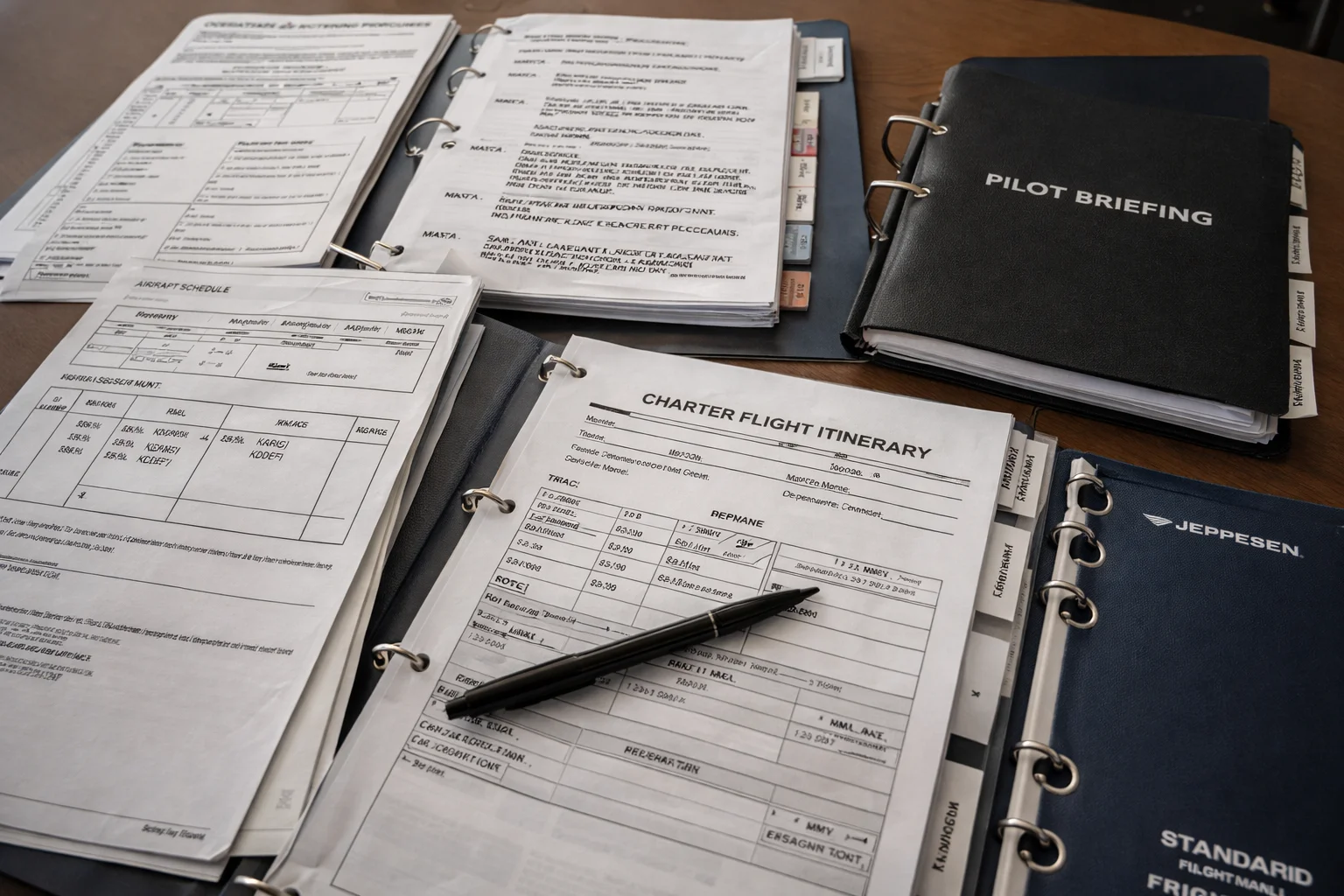 Charter flight operational documents and manuals arranged for review