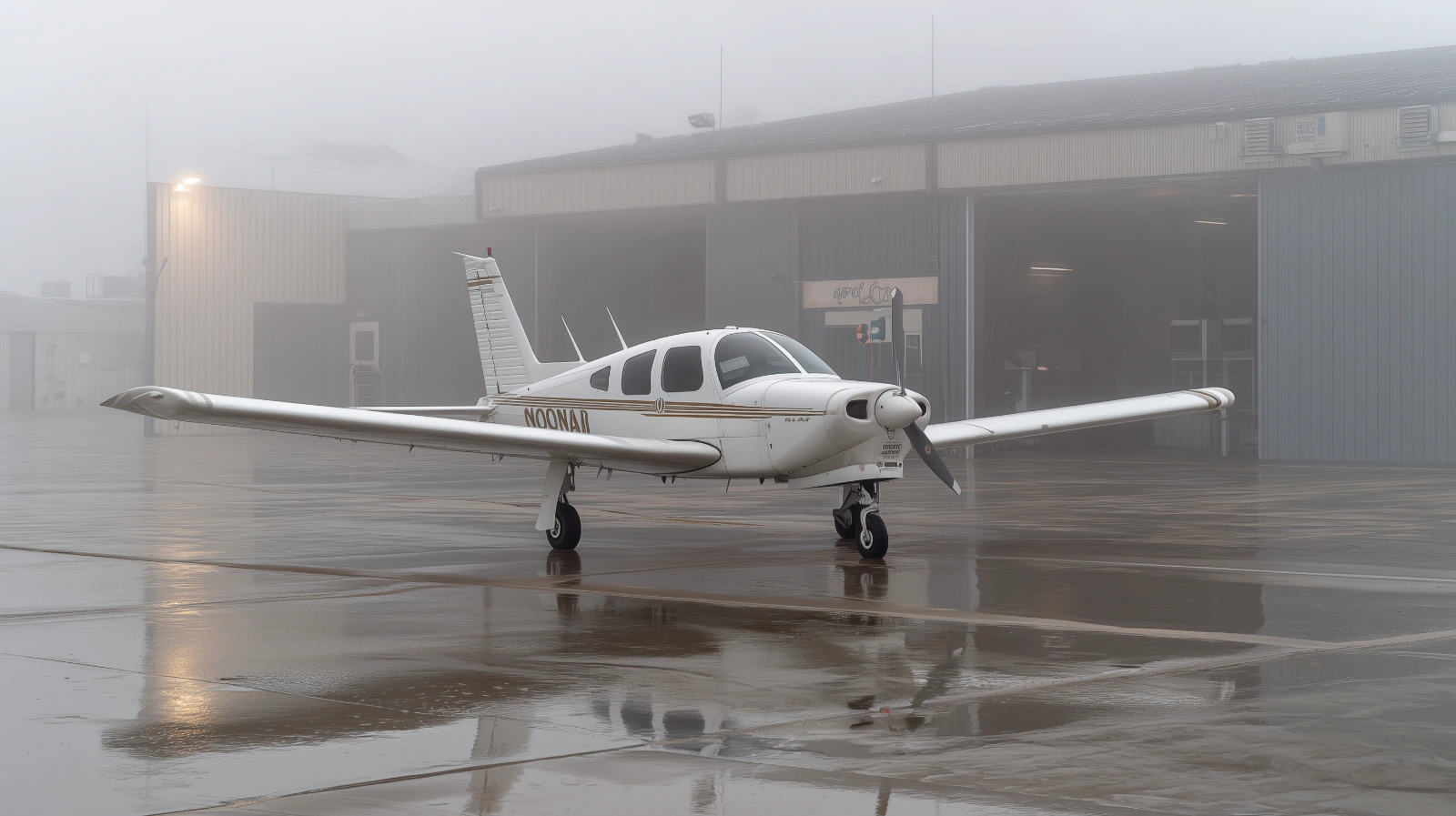 Columbia 400 single-engine aircraft parked on an airport ramp near hangars