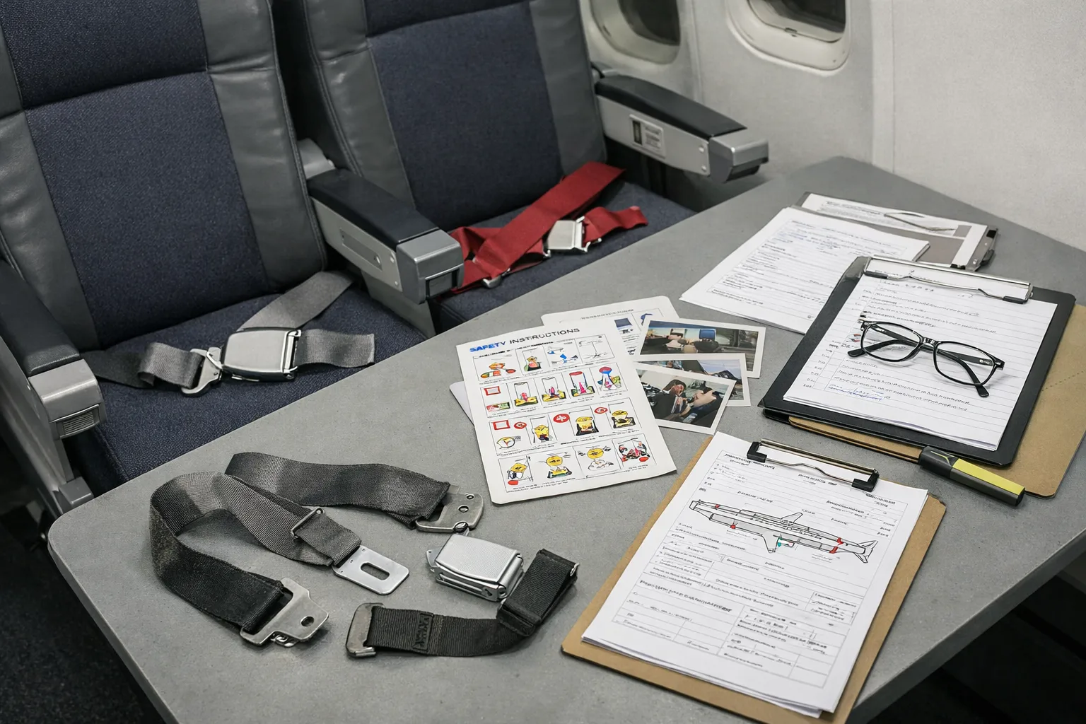Aircraft seat, restraint, and cabin components arranged for crashworthiness review