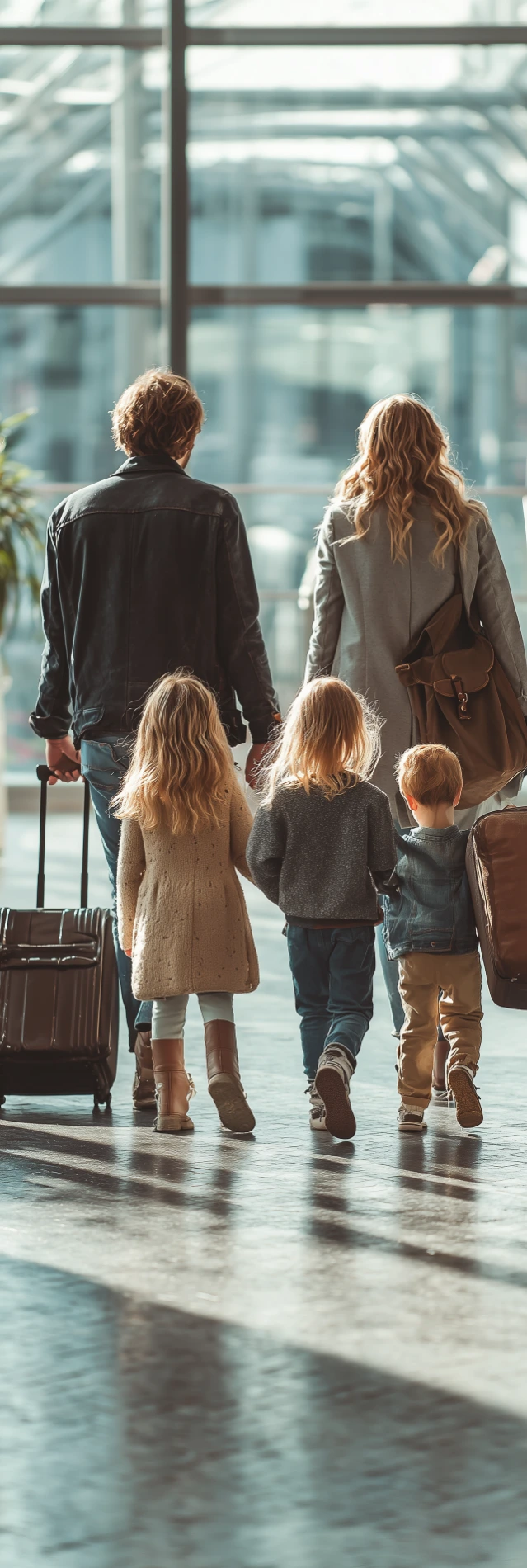 A family walking through a modern airport terminal
