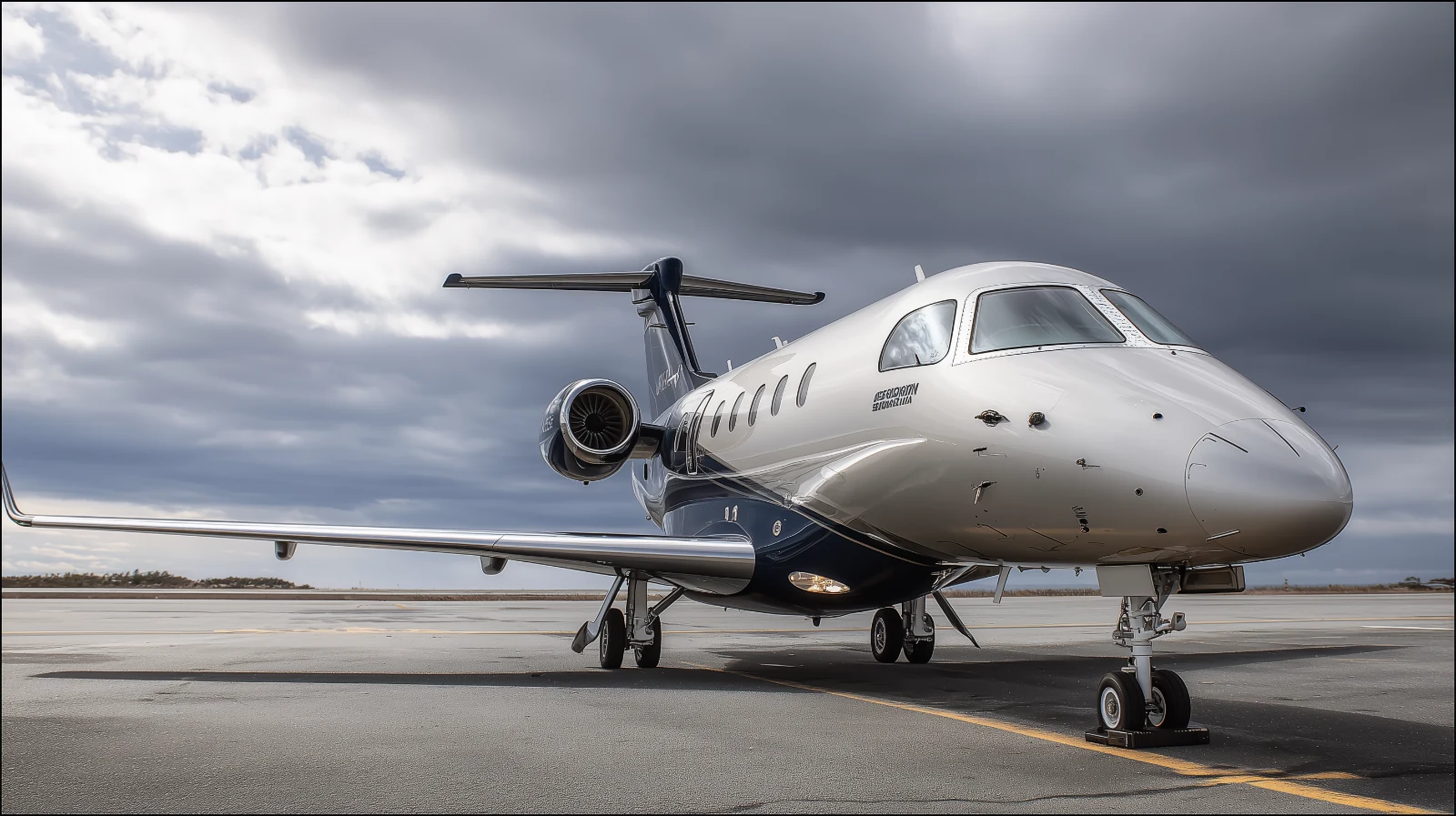 Embraer Praetor 500 business jet on a coastal regional airport ramp in clear daylight