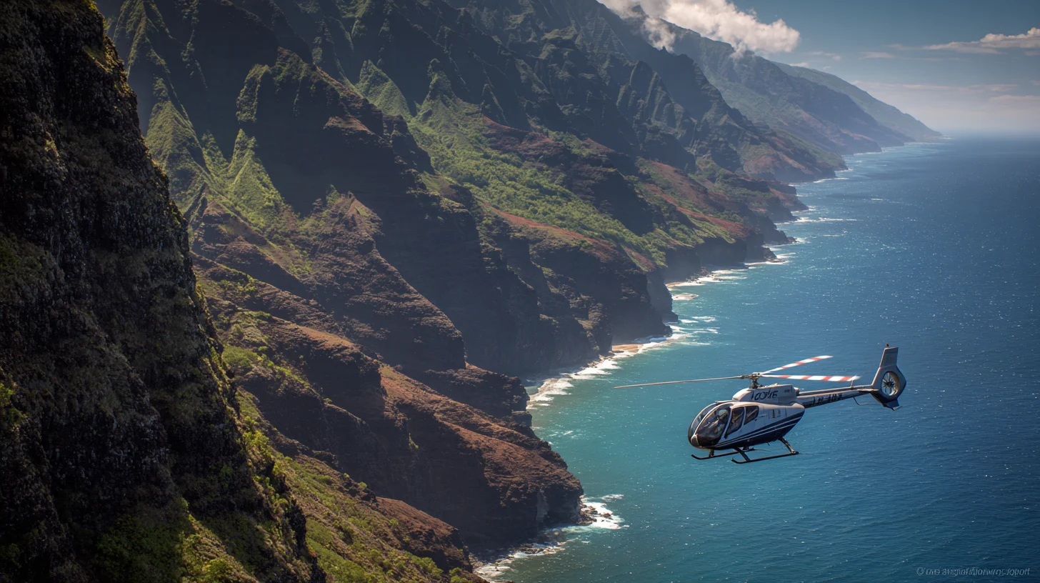 Kauai MD 500 Helicopter Near Kalalau Beach Hughes MD 500 helicopter flying along the Na Pali Coast near Kalalau Beach on Kauai