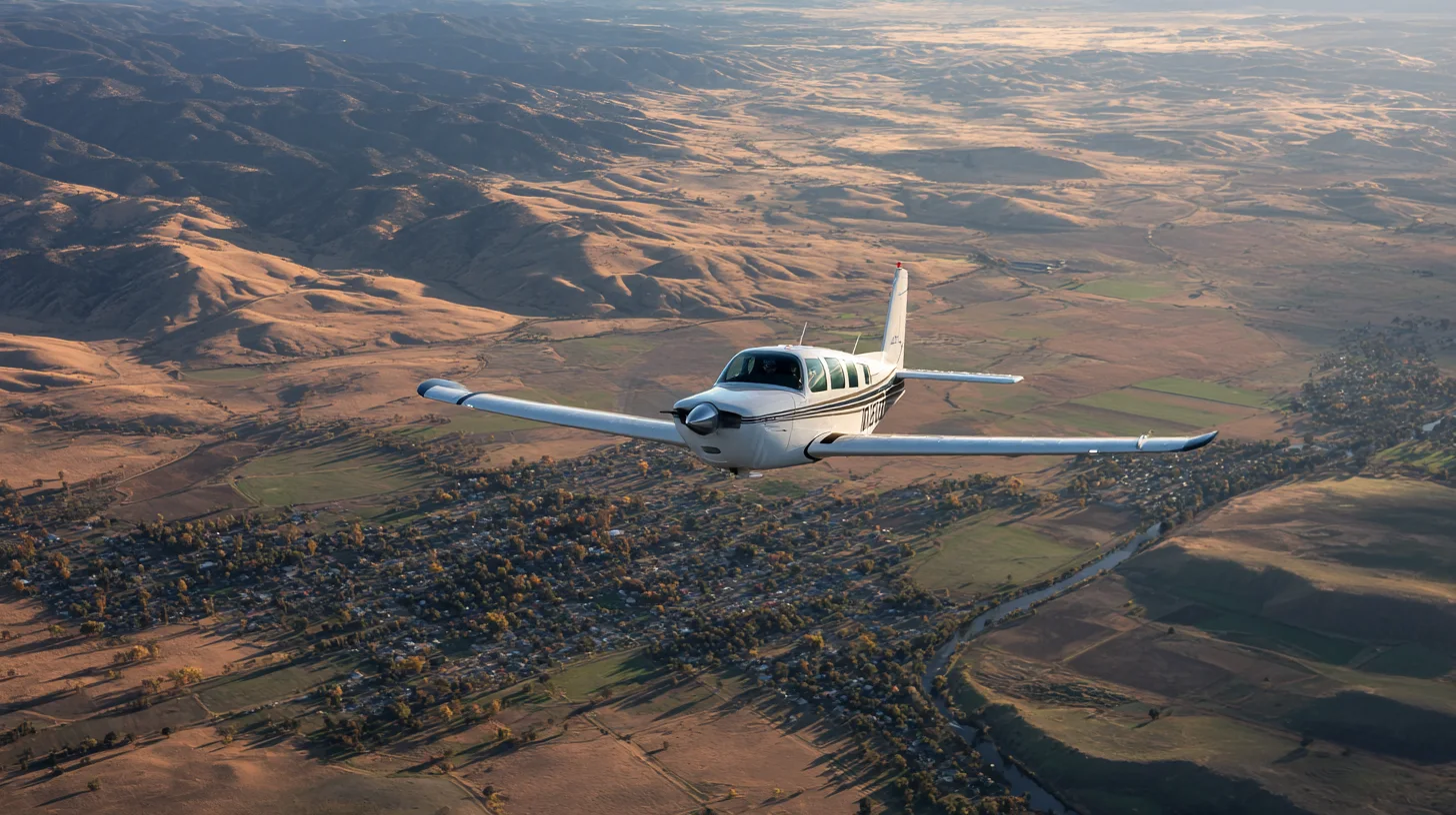 A Mooney M20 series single-engine airplane in level cruise flight over rural terrain.