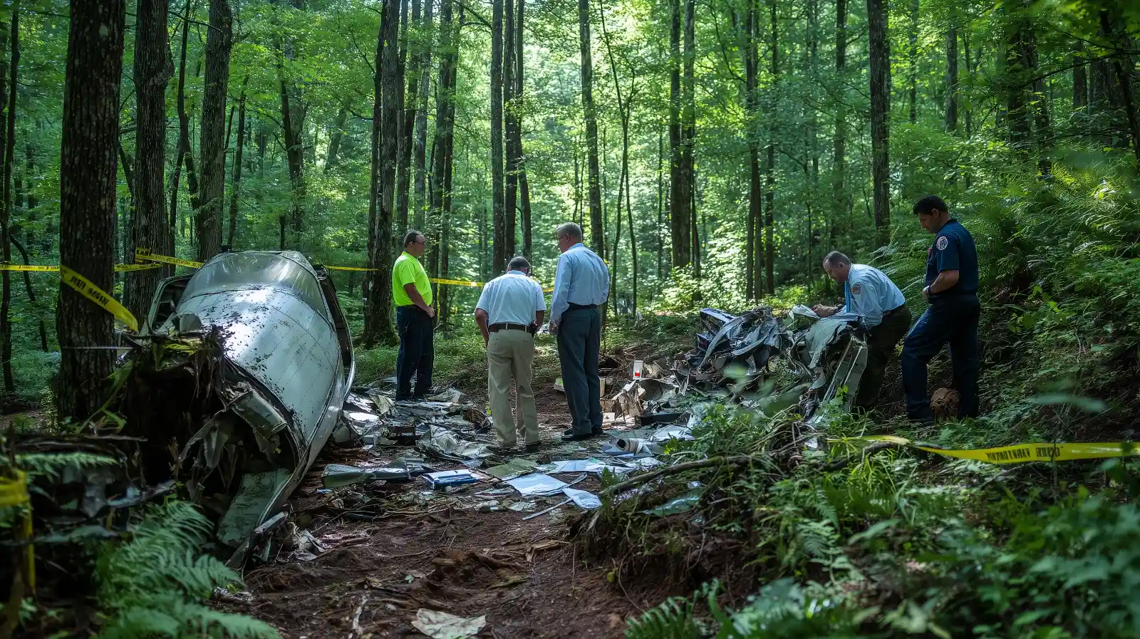 Federal investigators examining aircraft wreckage during an aviation accident investigation