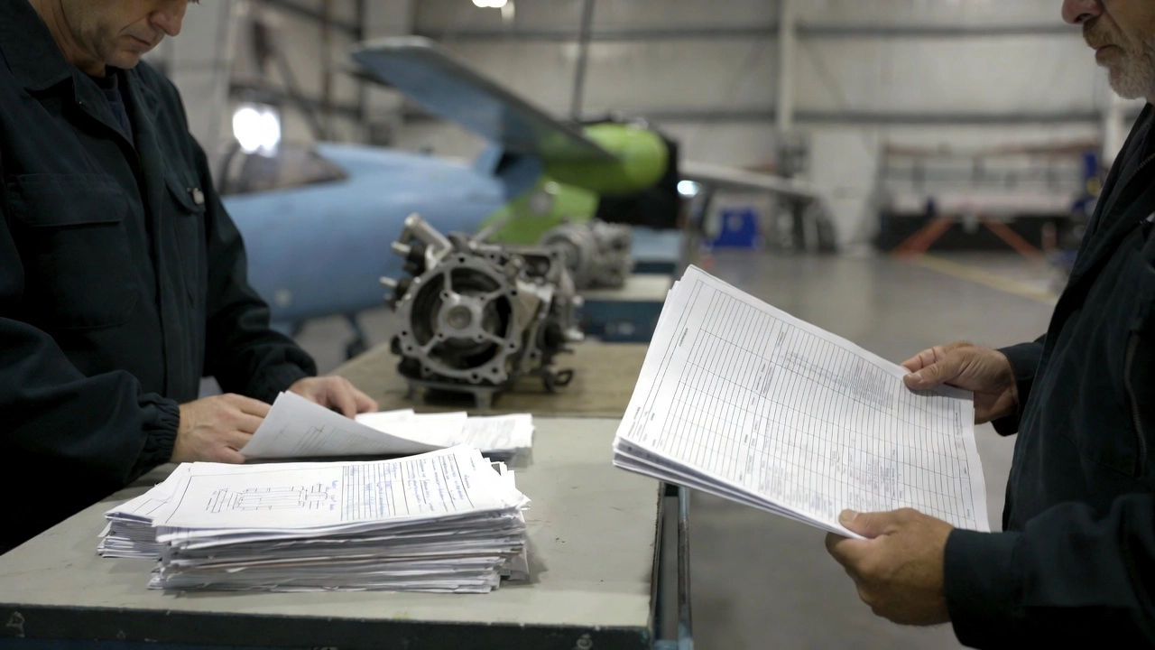 Aviation investigators examining technical documents and aircraft component records on a worktable. Aviation investigators examining technical documents and aircraft component records on a worktable.