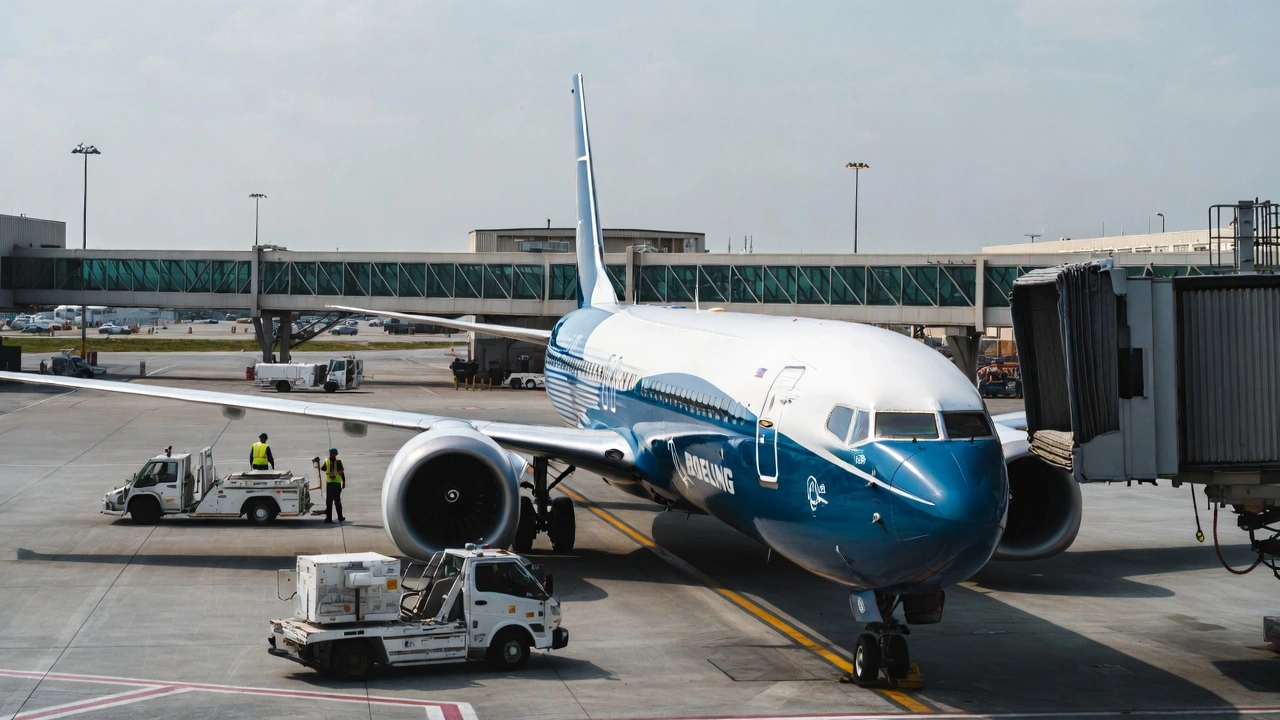 Boeing 737 MAX 8 at an airport gate during routine inspection activity in daylight