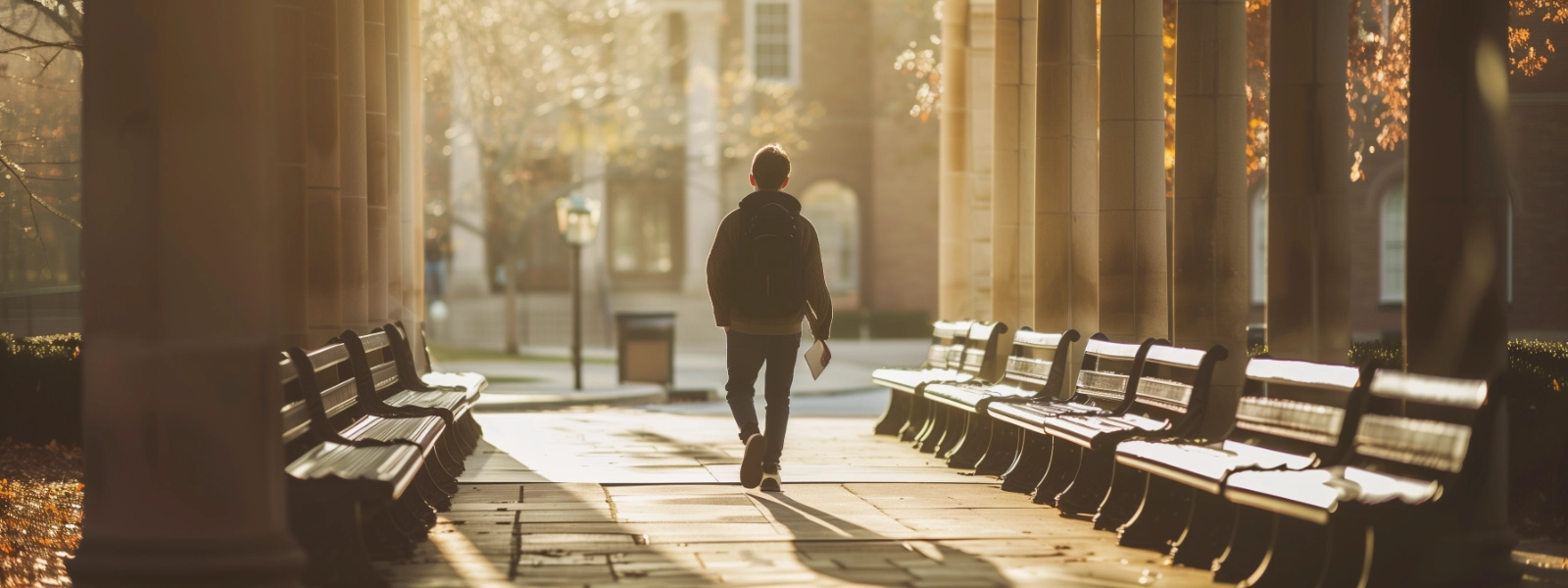 Young man walking across university campus