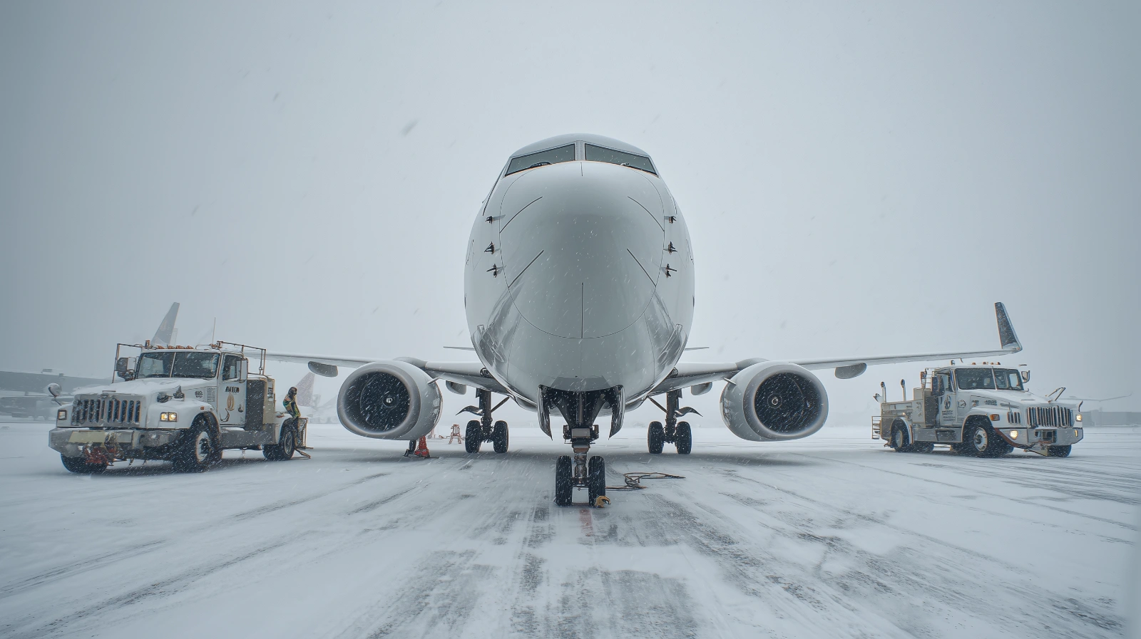 Boeing 737 Deicing Operations at Denver International Airport Boeing 737 undergoing deicing at an airport pad with service trucks nearby