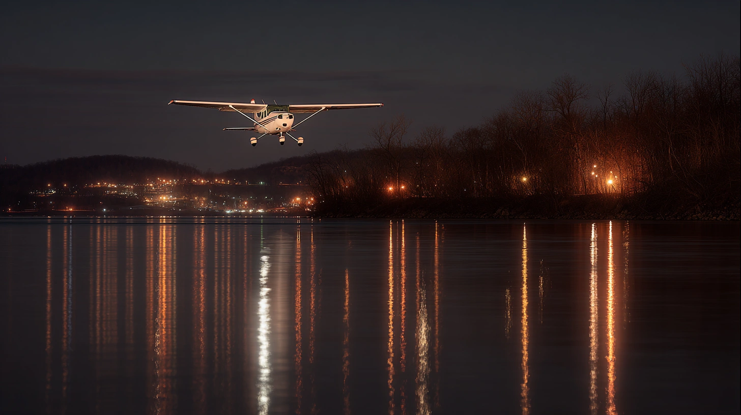 Cessna 172 at night near the Hudson River shoreline by Newburgh