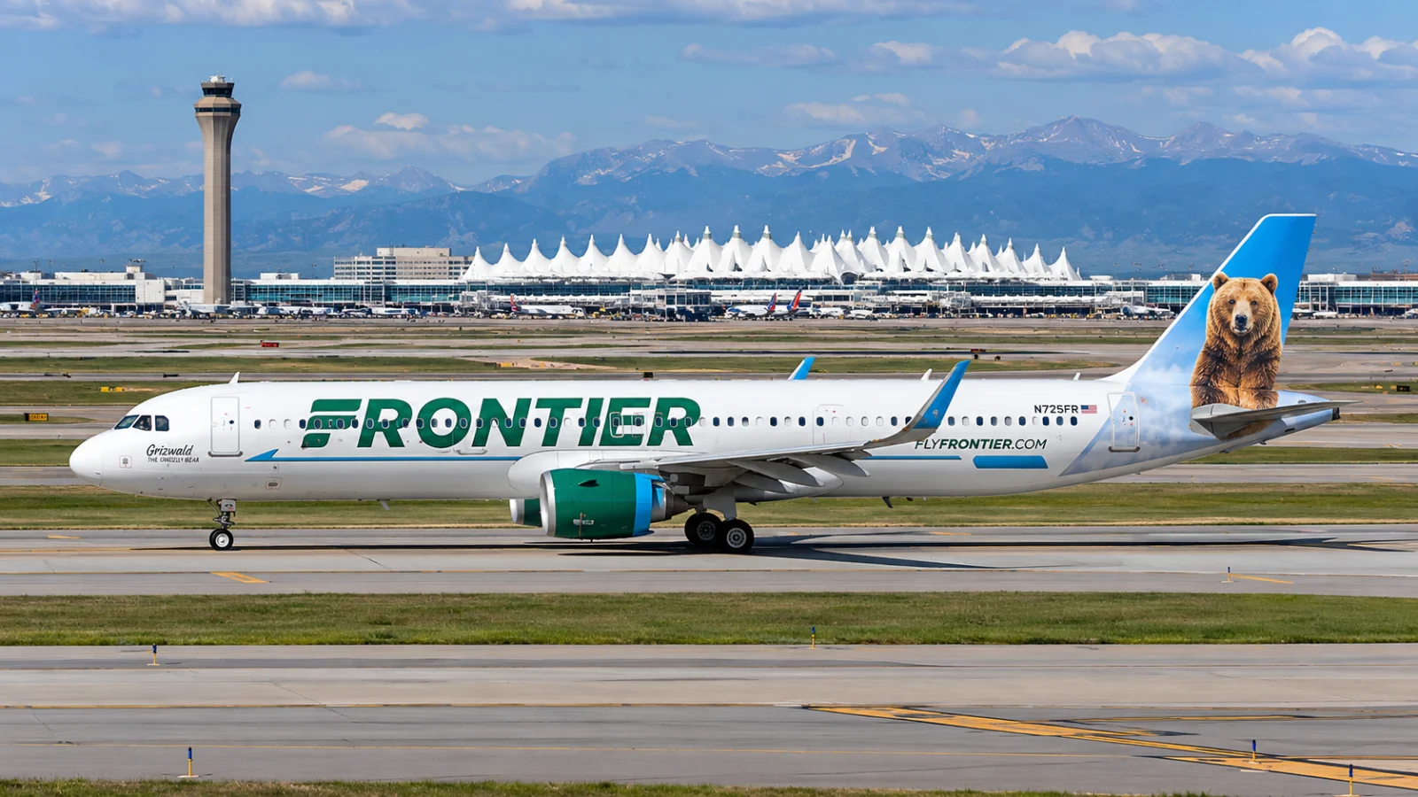 Frontier Airlines Airbus A321neo on a runway at Denver International Airport